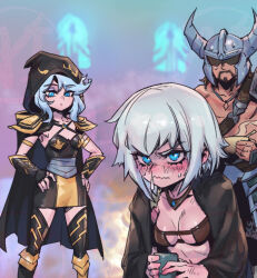 Rule 34 | 1boy, 2girls, ashe (league of legends), beard, black cape, black dress, blue eyes, blurry, blurry background, blush, breasts, cape, collarbone, dress, facial hair, fake horns, feet out of frame, grey hair, hands on own hips, helmet, holding, hood, hooded cape, horned helmet, horns, league of legends, medium breasts, medium hair, multicolored background, multiple girls, muscular, muscular male, orange dress, phantom ix row, sejuani, sick, small breasts, standing, tryndamere