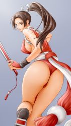 Rule 34 | 1girl, ass, bare shoulders, breasts, brown eyes, brown hair, commentary request, fatal fury, folded fan, folding fan, from behind, gradient background, grey background, hand fan, highres, holding, japanese clothes, leg up, long hair, looking back, medium breasts, ninja, parted bangs, parted lips, ponytail, shiranui mai, sideboob, simple background, sleeveless, solo, the king of fighters, thighs, x chitch