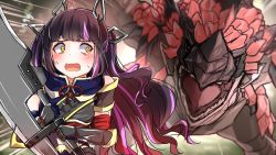Rule 34 | 1girl, black hair, blunt bangs, blush, capcom, commentary request, dameyoshi, demon girl, demon horns, flying sweatdrops, garter straps, highres, holding, holding sword, holding weapon, horns, kojo anna, long hair, looking back, monster, monster hunter (series), multicolored hair, nanashi inc., open mouth, rathalos, scared, sugar lyric, sword, twintails, two-tone hair, upper body, virtual youtuber, weapon, yellow eyes
