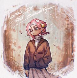 Rule 34 | 1girl, border, brown background, brown eyes, brown jacket, closed mouth, commentary request, jacket, medium hair, milestone celebration, nintendo, octoling, octoling girl, octoling player character, pink hair, solo, splatoon (series), thank you, thenintlichen96, white border