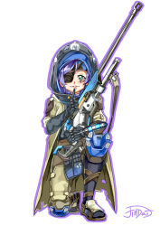 Rule 34 | absurdres, ana (overwatch), ana (overwatch) (cosplay), cosplay, eyepatch, facial tattoo, finger to mouth, gun, highres, hood, jindai3663, love live!, love live! school idol project, on one knee, overwatch, overwatch 1, purple hair, rifle, sniper rifle, tattoo, tojo nozomi, weapon