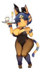 Rule 34 | 1girl, absurdres, alcohol, animal crossing, animal ears, ankha (animal crossing), bare shoulders, black eyes, blue hair, breasts, champagne flute, cleavage, colored skin, commentary request, cup, drinking glass, fishnet pantyhose, fishnets, full body, highres, jovejun, large breasts, leotard, looking at viewer, nintendo, pantyhose, playboy bunny, simple background, tail, white background, yellow skin