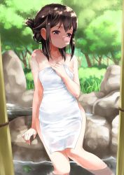 Rule 34 | 1girl, akemi homura, alternate hairstyle, arm at side, arm support, black hair, blush, breasts, bush, collarbone, commentary request, covering privates, dappled sunlight, day, folded ponytail, grass, highres, leaf, long hair, mahou shoujo madoka magica, mahou shoujo madoka magica (anime), medium breasts, nude, nude cover, onsen, outdoors, purple eyes, revision, rin2008, rock, rope, shade, sitting, soaking feet, solo, sunlight, towel, tree, tree shade, water, wet