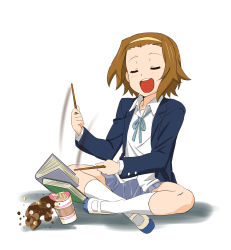 Rule 34 | bad id, bad pixiv id, book, brown hair, cup ramen, drumsticks, closed eyes, highres, indian style, k-on!, makeinutei, school uniform, short hair, sitting, solo, spilling, tainaka ritsu
