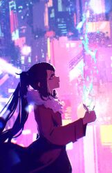 Rule 34 | 1girl, absurdres, black hair, city lights, cowboy shot, cup, drink, drinking glass, floating, from side, fur-trimmed jacket, fur trim, highres, holding, holding drink, jacket, jill stingray, long hair, long sleeves, looking up, night, outdoors, parted lips, profile, red eyes, red jacket, rnna, sidelocks, solo, twintails, va-11 hall-a, wine glass
