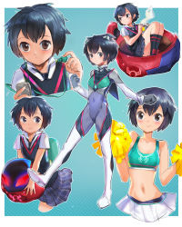 Rule 34 | 1girl, absurdres, adapted costume, aqua background, backpack, bag, bare shoulders, black bodysuit, black hair, black neckwear, black sweater vest, blue sky, bodysuit, brown eyes, cellphone, character sheet, cheerleader, child, clenched hands, collarbone, commentary, cup ramen, curled up, dress, earbuds, earphones, eating, foot up, glowing, glowing eyes, gradient background, green bodysuit, green sports bra, highres, holding, holding phone, interface headset, knees up, looking at viewer, looking away, marvel, mecha, midriff, multicolored bodysuit, multicolored clothes, multiple views, navel, necktie, nemo (leafnight), neon genesis evangelion, outside border, outstretched arm, parody, peni parker, phone, pilot suit, plaid, plaid skirt, pleated skirt, plugsuit, pom pom (cheerleading), purple bodysuit, raised eyebrows, robot, school uniform, shirt, short hair, single earphone removed, sitting on mecha, skirt, sky, smartphone, smile, spider-man: into the spider-verse, spider-man (series), spider-verse, sports bra, steam, sweater vest, symbol-only commentary, texture, v arms, w arms, white bodysuit, white shirt, white skirt
