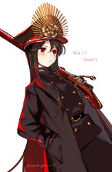 Rule 34 | 1girl, antique firearm, arquebus, blush, family crest, fate/grand order, fate (series), firearm, gloves, gun, hair between eyes, hat, highres, holding, holding gun, holding weapon, military hat, military uniform, oda nobunaga (fate), oda uri, parted lips, peaked cap, red eyes, simple background, solo, twitter username, uniform, weapon, white background, yui (tamagohan)