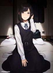 Rule 34 | 1girl, absurdres, artist name, black eyes, black hair, blue ribbon, bob cut, collared shirt, commentary request, cover, cover page, futamotu, futon, hand in own hair, highres, long sleeves, looking at viewer, medium hair, mole, mole on neck, neck ribbon, no shoes, on bed, original, ribbon, school uniform, shirt, sitting, smile, socks, solo, swept bangs, tatami, wariza, white shirt, white socks
