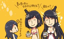 Rule 34 | 10s, 3girls, ahoge, bikini, bikini top only, black hair, brain freeze, breasts, chibi, cleavage, closed eyes, comic, commentary request, food, fusou (kancolle), hair ornament, kantai collection, large breasts, long hair, multiple girls, musical note, navel, one-piece swimsuit, orange background, polka dot, polka dot swimsuit, saiguchi otoufu, shaved ice, short hair, smile, spoon, swimsuit, translation request, ushio (kancolle), yamashiro (kancolle)