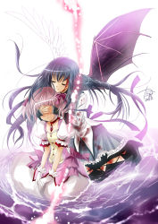 Rule 34 | 10s, 2girls, akemi homura, asymmetrical wings, bat wings, black hair, blood, braid, bubble skirt, choker, closed eyes, covering privates, covering face, covering own eyes, gloves, hairband, kaname madoka, kanna (plum), kneeling, long hair, magical girl, mahou shoujo madoka magica, mahou shoujo madoka magica (anime), multiple girls, pantyhose, pink eyes, puffy sleeves, short hair, short twintails, skirt, tears, torn clothes, torn legwear, twintails, water, white gloves, wings