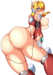 Rule 34 | 1girl, absurdres, alia (mega man), android, armor, ass, ass focus, blue eyes, breasts, capcom, censored, embarrassed, from behind, gloves, highres, huge ass, kotatuman dash, large breasts, leaning, leaning forward, looking at viewer, looking back, mega man (series), mega man x (series), nipples, pink armor, pussy, robot, robot ears, robot girl, simple background, solo, white background, white gloves, wide hips