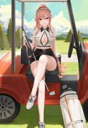 Rule 34 | 1girl, absurdres, azur lane, bag, bare arms, bare legs, bare shoulders, between legs, black skirt, blonde hair, breasts, cleavage, clemenceau (azur lane), clemenceau (splendid breeze) (azur lane), closed mouth, collared shirt, convenient censoring, convenient leg, crop top, crossed legs, day, duffel bag, gloves, golf cart, golf club, highres, holding, holding golf club, knee up, large breasts, long hair, looking at viewer, midriff, miniskirt, no bra, official alternate costume, outdoors, pencil skirt, ponytail, qing wu, red eyes, shirt, shoes, sitting, skirt, sleeveless, sleeveless shirt, smile, solo, thighs, very long hair, white footwear, white gloves, white shirt