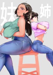 Rule 34 | 2girls, ahoge, arched back, arms under breasts, ass, ass-to-ass, back-to-back, bare shoulders, beige background, belly, black hair, blue legwear, blue pants, blush, breast lift, breasts, clothes lift, covered erect nipples, crossed arms, dark-skinned female, dark skin, denim, feet out of frame, forehead, from side, fukuhara takaya, green shirt, highres, huge ass, huge breasts, jeans, large breasts, leaning back, lifting own clothes, long hair, looking at viewer, midriff, muffin top, multiple girls, original, pants, pink eyes, pink shirt, plump, pout, sagging breasts, shirt, shirt lift, short hair, siblings, simple background, sisters, sitting, sleeveless, sleeveless shirt, smile, stool, swept bangs, t-shirt, thick thighs, thighs