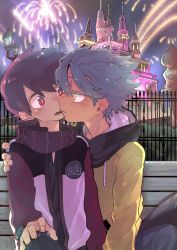 Rule 34 | 2boys, amusement park, arm around shoulder, bench, black hair, blue hair, castle, colored eyelashes, fence, fireworks, highres, hood, hood down, hoodie, imminent kiss, jacket, lamppost, male focus, multiple boys, night, ocha (kinnkonnsousai), open mouth, original, red eyes, scarf, winter clothes, yaoi, yellow eyes