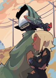 Rule 34 | 1girl, :d, bacun, blonde hair, breasts, canti, dark-skinned female, dark skin, flcl, freckles, heart, heart-shaped eyes, highres, kitsurubami, lovestruck, medium breasts, open mouth, outdoors, power lines, smile, torn clothes, upper body
