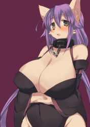 Rule 34 | 1girl, bare shoulders, blush, breasts, cleavage, dog, furry, furry female, huge breasts, long hair, open mouth, purple hair, saigi, solo