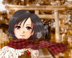 Rule 34 | 1girl, black eyes, black hair, blurry, blurry background, brown gloves, gloves, hand on own chest, harasaki nozomi, holding, lips, looking at viewer, medium hair, nashiko (tinyrelation), outdoors, parted hair, patterned clothing, photo background, red scarf, scarf, sega, shenmue, shenmue i, shrine, signature, smile, solo, sweater, white sweater