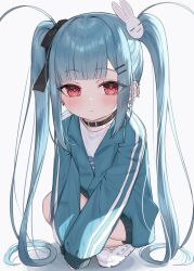 Rule 34 | 1girl, bad id, bad pixiv id, black bow, black collar, blue hair, blue jacket, blunt bangs, blush, bow, collar, commentary, ear piercing, earrings, full body, grey background, hair bow, hair ornament, hairclip, highres, jacket, jewelry, long hair, long sleeves, looking at viewer, original, parted lips, piercing, puffy long sleeves, puffy sleeves, rabbit hair ornament, red eyes, shirt, shoes, simple background, sleeves past wrists, solo, squatting, symbol-only commentary, track jacket, tsukiman, twintails, very long hair, white footwear, white shirt