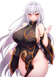 Rule 34 | 1girl, 5danny1206, absurdres, bare shoulders, black sleeves, blush, breasts, detached sleeves, hand up, highres, huge breasts, long hair, long sleeves, looking at viewer, original, parted lips, red eyes, sideboob, simple background, smile, solo, thighs, white background, white hair, wide sleeves