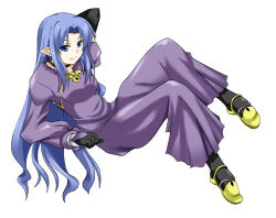 Rule 34 | 00s, 1girl, black gloves, black legwear, blue eyes, blue hair, choker, dress, fate/stay night, fate (series), full body, gloves, long dress, long hair, lowres, lying, matching hair/eyes, medea (fate), on back, pointy ears, purple dress, shoes, sidelocks, silvermoon, simple background, smile, solo, very long hair, white background, yellow footwear