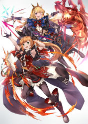 Rule 34 | 10s, 2girls, ;d, \m/, armpits, arms up, belt, black footwear, black gloves, black legwear, blonde hair, blush, book, boots, bow, bracelet, cagliostro (dark) (granblue fantasy), cagliostro (granblue fantasy), cape, clarisse (granblue fantasy), crown, fang, fingerless gloves, gloves, granblue fantasy, green eyes, hair ribbon, hairband, half gloves, heart, highres, jewelry, long hair, looking at viewer, multiple girls, one eye closed, open mouth, outstretched arms, pak ce, ponytail, purple eyes, ribbon, simple background, skirt, smile, test tube, thigh boots, thighhighs, white background, zettai ryouiki