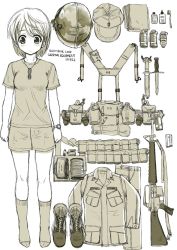 Rule 34 | 1girl, anti-personnel mine, anti-personnel weapon, assault rifle, baseball cap, boots, closed mouth, commentary request, dagger, dog tags, ebifly, english text, explosive, flashback, glue, grenade, greyscale, gun, hand grenade, hat, helmet, knife, looking at viewer, m16, m16a1, m18 claymore mine, military, mine (weapon), monochrome, original, pants, rifle, shirt, short hair, short shorts, short sleeves, shorts, simple background, socks, solo, standing, watch, weapon, white background, wristwatch