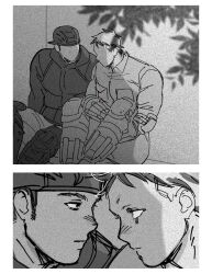 Rule 34 | 2boys, against wall, aikawa (dorohedoro), bara, blush, colored tips, couple, dorohedoro, eye contact, face-to-face, faceless, faceless male, facial mark, greyscale, half-closed eyes, imminent kiss, looking at another, male focus, medium sideburns, monochrome, multicolored hair, multiple boys, muscular, muscular male, no eyebrows, nose blush, risu (dorohedoro), sasaki (ssk p3), side-by-side, sitting, sunlight, thick eyebrows, tree shade, yaoi