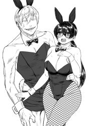 1boy 1girl akira_(damedame_ol) anger_vein animal_ears armpit_crease black_bow black_bowtie black_dress black_hair black_leotard blush bow bowtie breasts bunny_day collarbone commentary_request couple detached_collar double-parted_bangs dress fake_animal_ears fishnet_pantyhose fishnets furrowed_brow greyscale hand_on_another&#039;s_chin hand_on_another&#039;s_waist hand_on_own_chest highres large_breasts leotard long_hair low_twintails male_playboy_bunny monochrome nose open_mouth pantyhose playboy_bunny plump rabbit_ears round_eyewear strapless strapless_leotard sweatdrop tearing_up tears teeth textless_version thighs toned toned_male tongue twintails veiny_face white_background wrist_cuffs