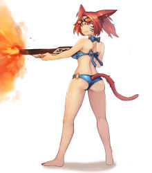 Rule 34 | 1girl, absurdres, animal ears, ass, barefoot, blue eyes, blush, breasts, cat ears, cat tail, clothing cutout, commission, final fantasy, final fantasy xiv, firing, from behind, goggles, goggles on head, gun, highres, holding, holding gun, holding weapon, large breasts, looking away, miqo&#039;te, parted lips, red hair, smile, solo, sookmo, tail, tail through clothes, weapon