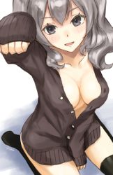 Rule 34 | 10s, 1girl, alternate costume, ashiya hiro, between legs, black legwear, blue eyes, breasts, cardigan, cleavage, collarbone, from above, hair between eyes, hand between legs, kantai collection, kashima (kancolle), looking at viewer, medium breasts, no shoes, open mouth, silver hair, sitting, sleeves past wrists, solo, twintails, twitter username, unbuttoned, wariza, wavy hair