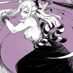 Rule 34 | 1girl, action, breasts, club, club (weapon), commentary, cuffs, earrings, hakama, hakama skirt, highres, holding club, horns, incoming attack, japanese clothes, jewelry, kanabou, large breasts, long hair, looking at viewer, one piece, ponytail, purple background, purple theme, ratatatat74, ringed eyes, rope, shimenawa, shirt, sideboob, simple background, skirt, sleeveless, sleeveless shirt, solo, spiked club, weapon, yamato (one piece)