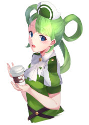 Rule 34 | 1girl, absurdres, blue eyes, breasts, creatures (company), cup, disposable cup, game freak, green hair, hair rings, hat, highres, holding, holding cup, long hair, looking at viewer, nintendo, nurse cap, open mouth, pokemon, pokemon masters ex, short sleeves, simple background, small breasts, solo, trinnia (pokemon), u-st (uweiter), upper body, white background