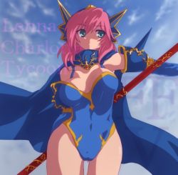 Rule 34 | 1990s (style), 1girl, blue eyes, breasts, cape, cleavage, detached sleeves, dragoon (final fantasy), female focus, final fantasy, final fantasy v, green eyes, headdress, lenna charlotte tycoon, leotard, minnku, outdoors, pink hair, polearm, short hair, sky, solo, spear, weapon