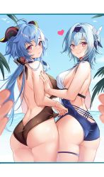 Rule 34 | 2girls, absurdres, adjusting clothes, adjusting swimsuit, ahoge, ass, ass focus, bare back, black hairband, blue hair, blurry, breasts, closed mouth, depth of field, eula (genshin impact), ganyu (genshin impact), genshin impact, goat horns, hairband, heart, highres, horns, kikimi, large breasts, long hair, looking at viewer, looking back, medium breasts, medium hair, multiple girls, nail polish, ocean, one-piece swimsuit, outdoors, palm tree, pov, purple eyes, sideboob, spoken heart, swimsuit, thigh strap, thighs, tree