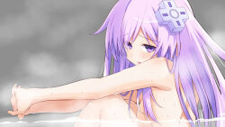 Rule 34 | 1girl, bathing, blush, breasts, d-pad, d-pad hair ornament, hair ornament, iwashi dorobou -r-, long hair, looking at viewer, medium breasts, nepgear, neptune (series), nude, open mouth, purple eyes, purple hair, solo, stretching, wet