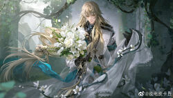 Rule 34 | 1boy, aqua vest, arch, black gloves, black shirt, blonde hair, blurry, bouquet, closed mouth, coat, cowboy shot, depth of field, expressionless, flower, gloves, green eyes, hair between eyes, highres, holding, holding bouquet, holding veil, honkai: star rail, honkai (series), jewelry, long hair, long sleeves, looking at viewer, low-tied long hair, luocha (honkai: star rail), male focus, pants, pendant, pendant removed, plant, rose, ruins, shirt, solo, thorns, vines, white coat, white flower, white pants, white rose, white veil, ye dian pika qiu