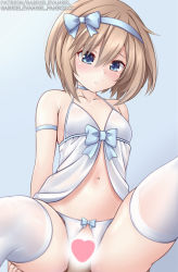Rule 34 | 1girl, babydoll, blanc (neptunia), blue eyes, blush, breasts, censored, choker, choujigen game neptune, cowgirl position, crotchless, crotchless panties, fanbox username, gabriel evangel, hairband, highres, lingerie, navel, neptune (series), panties, patreon username, ribbon, sex, short hair, signature, simple background, skindentation, small breasts, spread legs, straddling, thighhighs, underwear, white thighhighs