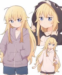 Rule 34 | 1girl, artist name, bafarin, black skirt, blonde hair, blue eyes, blush, closed mouth, collarbone, expressionless, gabriel dropout, gabriel tenma white, hands in pockets, highres, hood, hood up, hoodie, long hair, long sleeves, looking at viewer, parted lips, skirt, solo, twitter username, very long hair