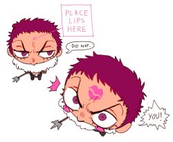 Rule 34 | 1boy, angry, arm tattoo, charlotte katakuri, chibi, english text, foreshortening, from above, frown, highres, lipstick mark, looking at viewer, male focus, meme, mewiyev, one piece, place lips here (meme), scarf, scarf over mouth, short hair, stitches, tattoo