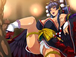Rule 34 | 1girl, armpits, bare shoulders, black wings, blue hair, blunt bangs, breasts, censored, cleavage, clothed female nude male, dead or alive, dead or alive 5, erection, feathered wings, footjob, fundoshi, hair ornament, hair stick, hairpin, hat, japanese clothes, large breasts, legs, long hair, looking at another, makeup, mole, mole under mouth, mosaic censoring, nude, nyotengu, penis, pink eyes, raburebo, sitting, socks, solo focus, thighs, tokin hat, wings