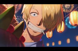 Rule 34 | 1boy, blonde hair, blue eyes, blue shirt, blurry, blurry foreground, cigarette, curly eyebrows, facial hair, fireworks, food, grin, hair over one eye, looking at viewer, night, night sky, one piece, outdoors, qin (7833198), sanji (one piece), shirt, sky, smile, solo, upper body