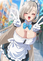 Rule 34 | 1girl, :d, absurdres, asuna (blue archive), blonde hair, blue archive, blush, breasts, cleavage, double v, garter straps, gloves, highres, large breasts, long hair, maid, maid headdress, nanohana (november.), neck ribbon, open mouth, puffy sleeves, ribbon, smile, solo, teeth, thighhighs, v, white gloves, white thighhighs