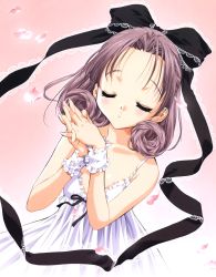 Rule 34 | 00s, 1girl, black ribbon, blush, closed eyes, collarbone, curly hair, dress, frilled dress, frills, gradient background, hair ribbon, highres, jpeg artifacts, lace, open mouth, own hands together, parted bangs, petals, pink background, ribbon, rose petals, shirayuki (sister princess), sister princess, sleeveless, sleeveless dress, solo, tenhiro naoto, white dress, wrist cuffs