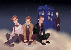 Rule 34 | 4boys, absurdres, bow, bowtie, brown hair, doctor who, eleventh doctor, formal, frock coat, highres, jacket, leather, leather jacket, male focus, multiple boys, necktie, ninth doctor, police box, raincoat, red nose, rishangsangan, short hair, suit, suspenders, tardis, tenth doctor, the doctor, time machine, twelfth doctor