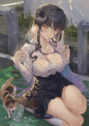 Rule 34 | 1girl, absurdres, bag, bandaid, bandaid on hand, bandaid on thigh, black hair, blunt bangs, blush, borrowed character, breasts, cat, cleavage, cup, demon horns, dia (hong), disposable cup, embarrassed, highres, horns, hxxg, kneeling, large breasts, long hair, multicolored hair, necktie, original, outdoors, purple nails, purple necktie, road, school bag, school uniform, see-through, sidelocks, slit pupils, teeth, very long hair, wet, wet clothes, yellow eyes