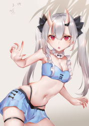 Rule 34 | 1girl, absurdres, alternate hairstyle, bikini, blue bikini, breasts, cleavage, collar, cowboy shot, dated, detached collar, ear piercing, fang, fingernails, frilled collar, frills, grey background, hair between eyes, hair ribbon, highres, hololive, horns, looking at viewer, midriff, nail polish, nakiri ayame, nakiri ayame (hololive summer 2019), navel, open mouth, piercing, red eyes, red nails, ribbon, sharp fingernails, shenbaibaibaibaibaibaibai, silver hair, simple background, skin-covered horns, skindentation, small breasts, solo, swimsuit, thigh strap, thighs, twintails, virtual youtuber