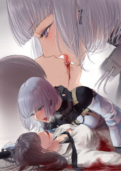 Rule 34 | 2girls, black necktie, blood, blood in mouth, breasts, brown hair, commentary, faceless, faceless female, female commander (girls&#039; frontline), filha, girls&#039; frontline, grey hair, hair ornament, hairpin, highres, kiss, long hair, long sleeves, looking at another, looking down, lying, lying on person, medium breasts, medium hair, multiple girls, necktie, on back, open mouth, parted lips, purple eyes, rpk-16 (girls&#039; frontline), shirt, tactical clothes, tongue, tongue out, upper body, white background, white shirt, yuri