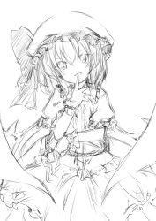 Rule 34 | 1girl, bad id, bad pixiv id, dress, fang, female focus, finger to mouth, greyscale, hat, hat ribbon, monochrome, open mouth, puffy sleeves, remilia scarlet, ribbon, salmon (saaamon), short hair, sketch, smile, solo, temperature, touhou, wings, wrist cuffs