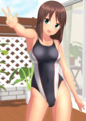 Rule 34 | 1girl, absurdres, alice gear aegis, black one-piece swimsuit, breasts, brown hair, cleavage, collarbone, commentary request, competition swimsuit, contrapposto, cowboy shot, dark skin, dark-skinned female, fence, green eyes, highres, kaneshiya sitara, looking at viewer, medium breasts, one-piece swimsuit, plant, sliding doors, smile, solo, standing, swimsuit, takafumi, v
