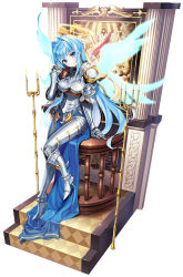 Rule 34 | 1girl, armor, armored boots, blue eyes, blue hair, blue wings, blush, boots, braid, breastplate, breasts, candle, candlestand, character request, closed mouth, commentary request, eyebrows hidden by hair, fire, gauntlets, glowing, glowing wings, hair between eyes, hair intakes, halo, head tilt, high heel boots, high heels, highres, jesus, lazy dungeon master, long hair, looking at viewer, medium breasts, multiple wings, novel illustration, official art, pauldrons, shoulder armor, simple background, smile, solo, very long hair, white background, wings, youta